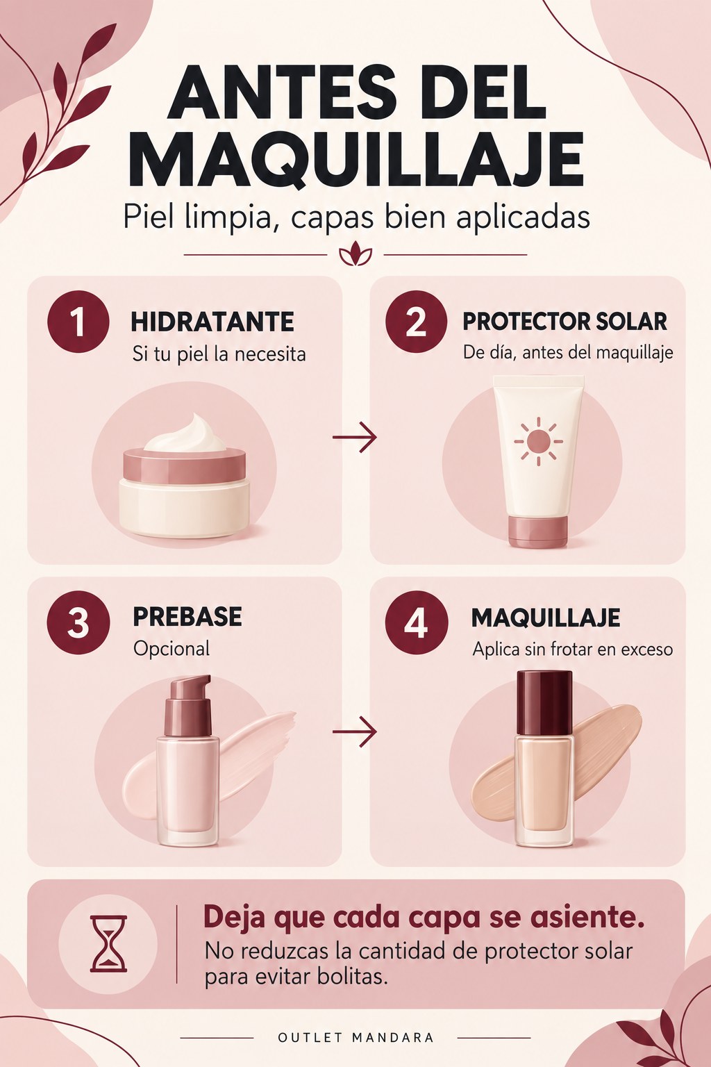 Orden antes del maquillaje: hidratante si se necesita, protector solar, prebase opcional y maquillaje