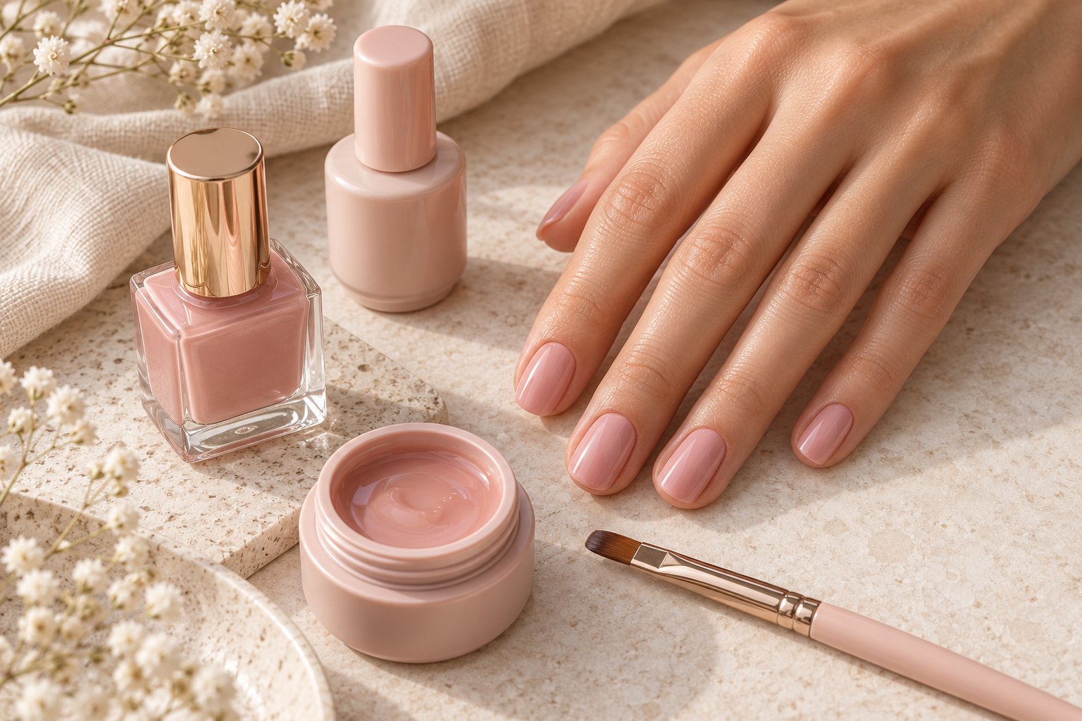 Manicura rosa junto a esmaltes y gel de construcción, imagen ilustrativa