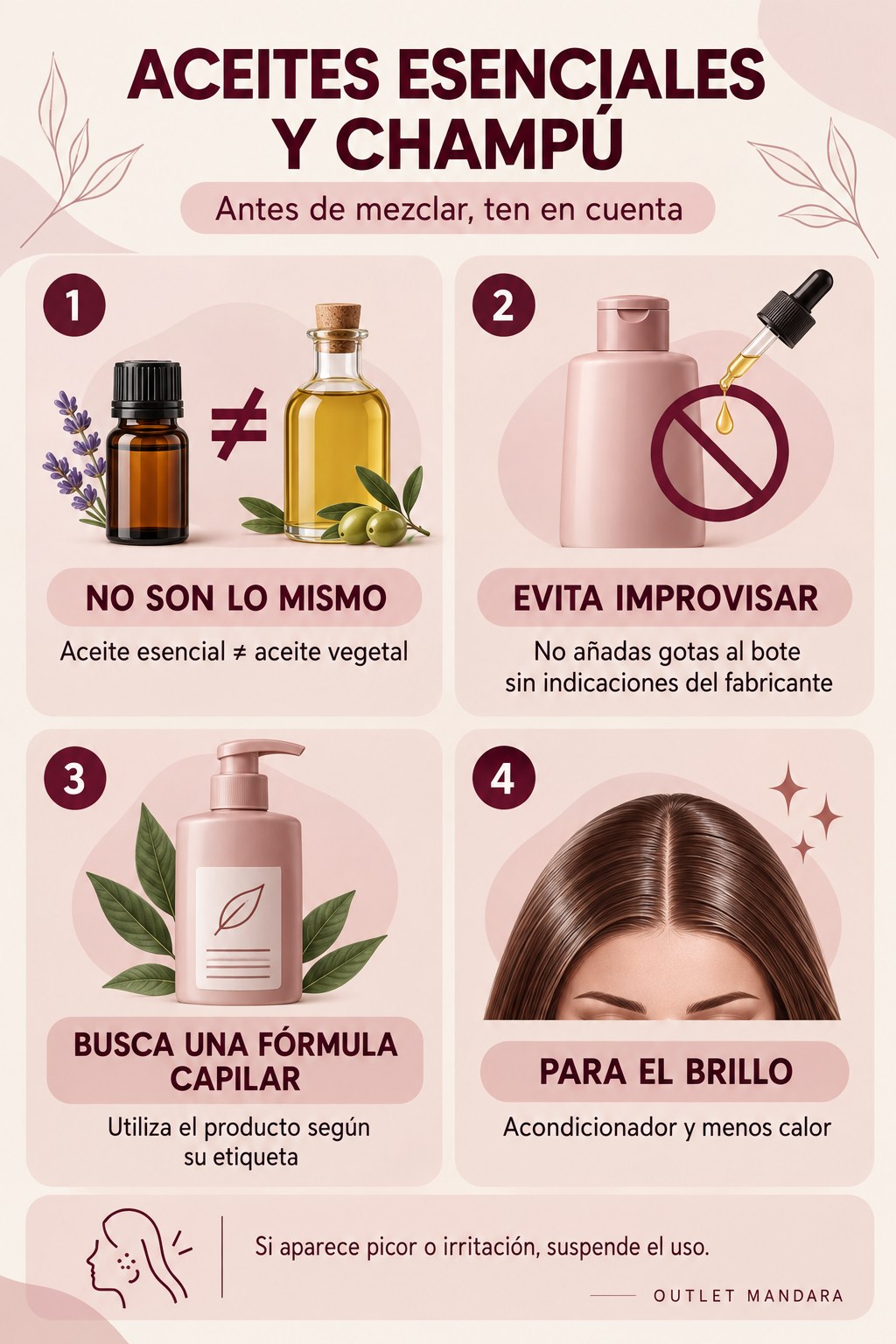 Precauciones con aceites esenciales y champ&uacute;: evitar mezclas improvisadas y elegir f&oacute;rmulas capilares