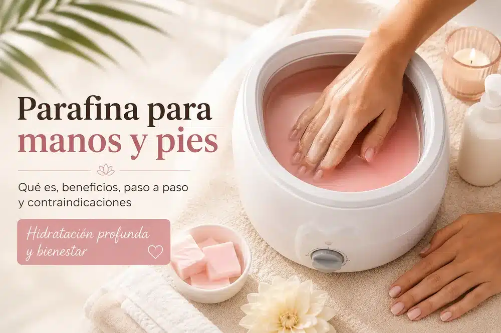 Mano sumergida en un calentador de parafina rosa junto a pastillas de parafina y toallas