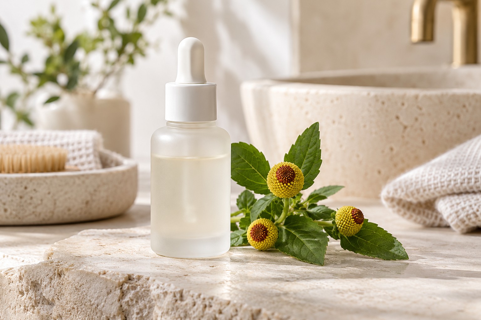 Frasco de sérum junto a flores de Acmella oleracea, planta que contiene spilanthol