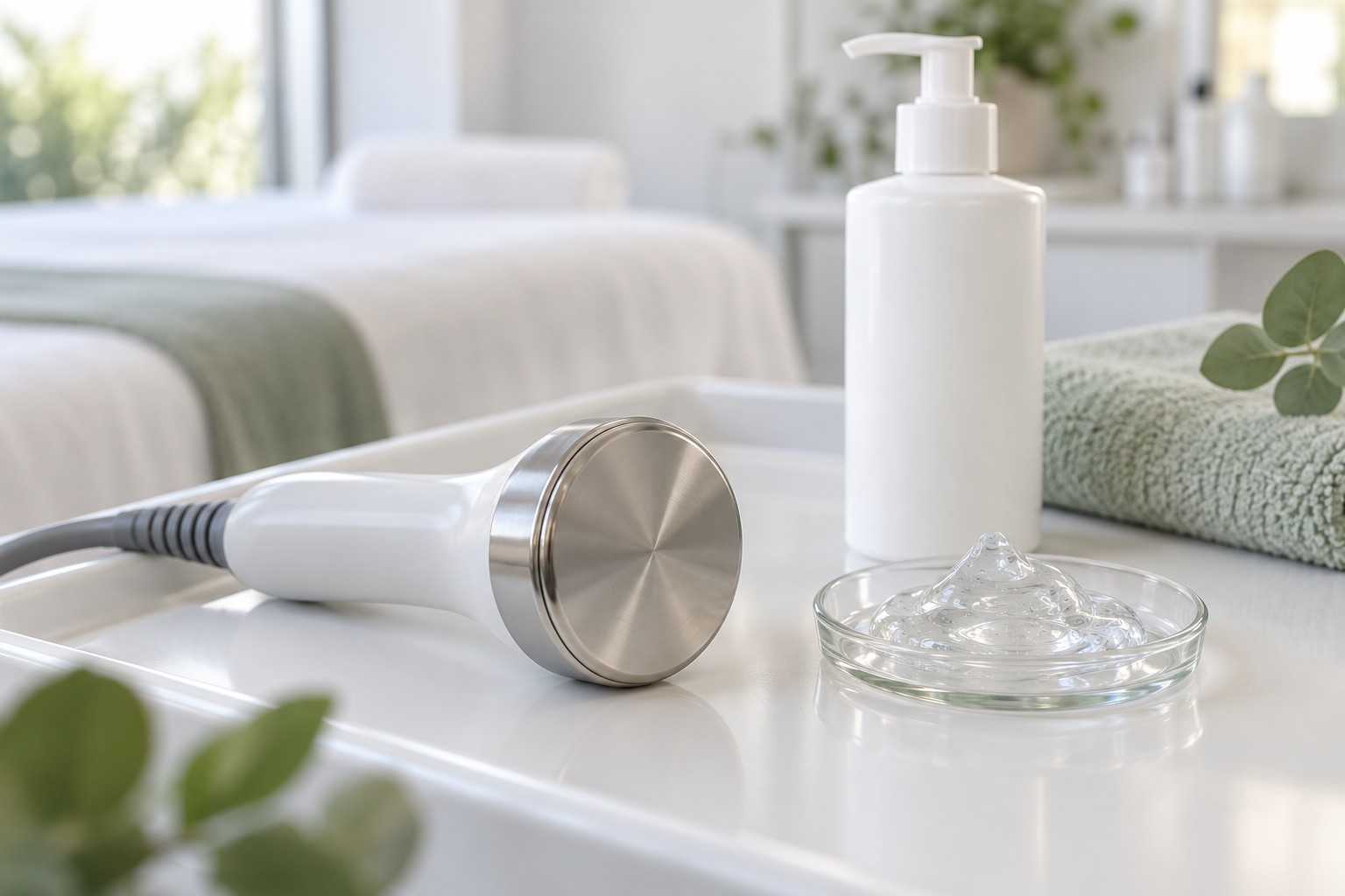 Gel conductor transparente y cabezal de ultrasonidos en una cabina de estética