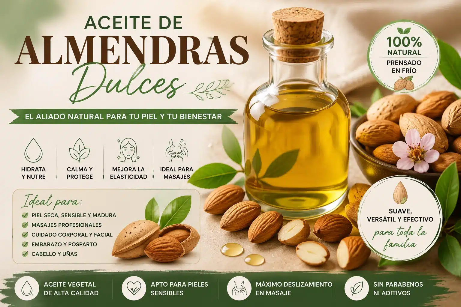 Botella de aceite de almendras dulces con almendras naturales para el cuidado de la piel y el masaje