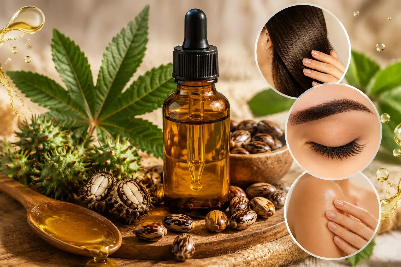 Botella de aceite de ricino natural con semillas de ricino para el cuidado del cabello, pestañas y piel