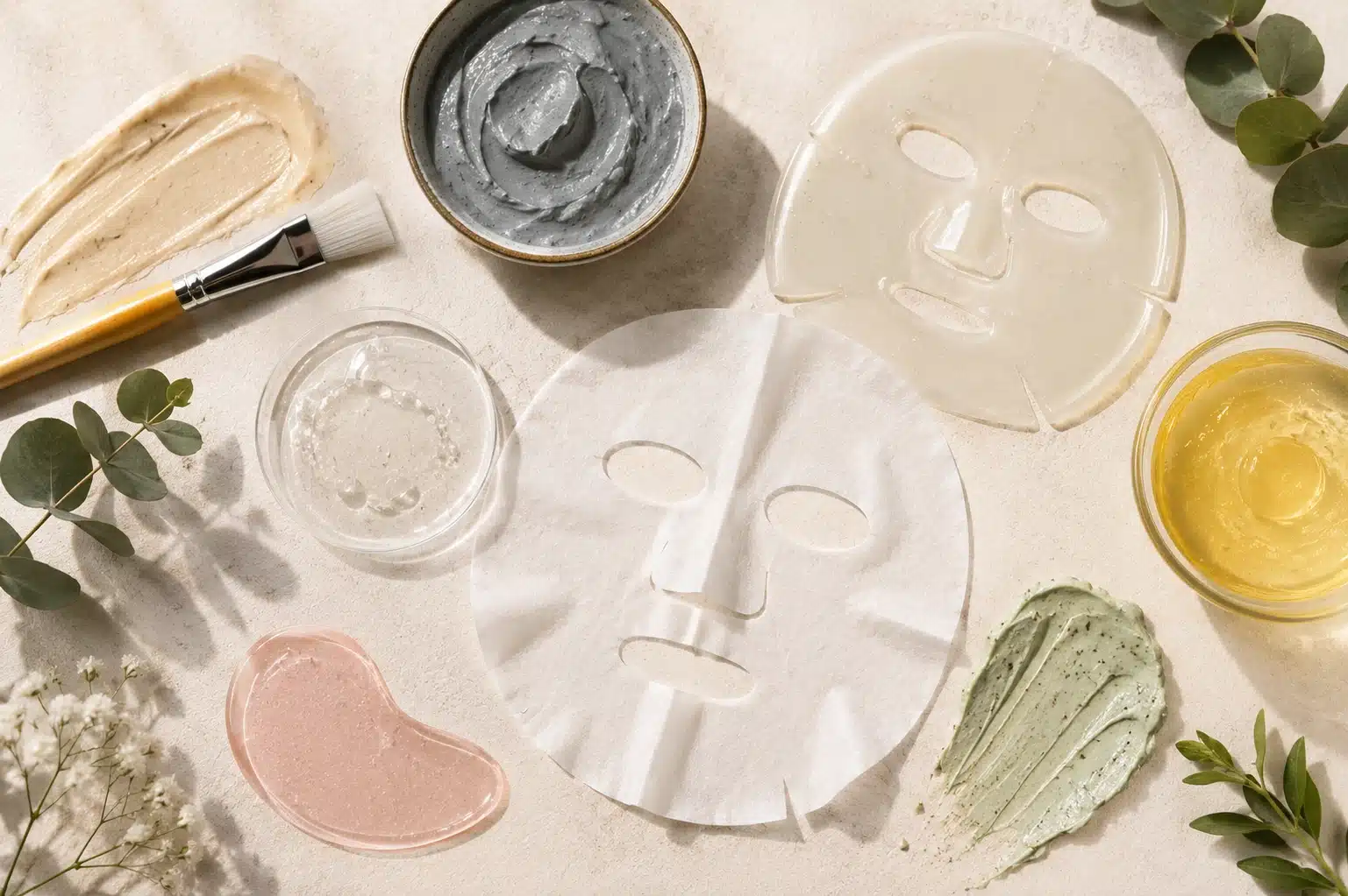 Diferentes tipos de mascarillas faciales: arcilla, tejido, hidrogel, crema y gel
