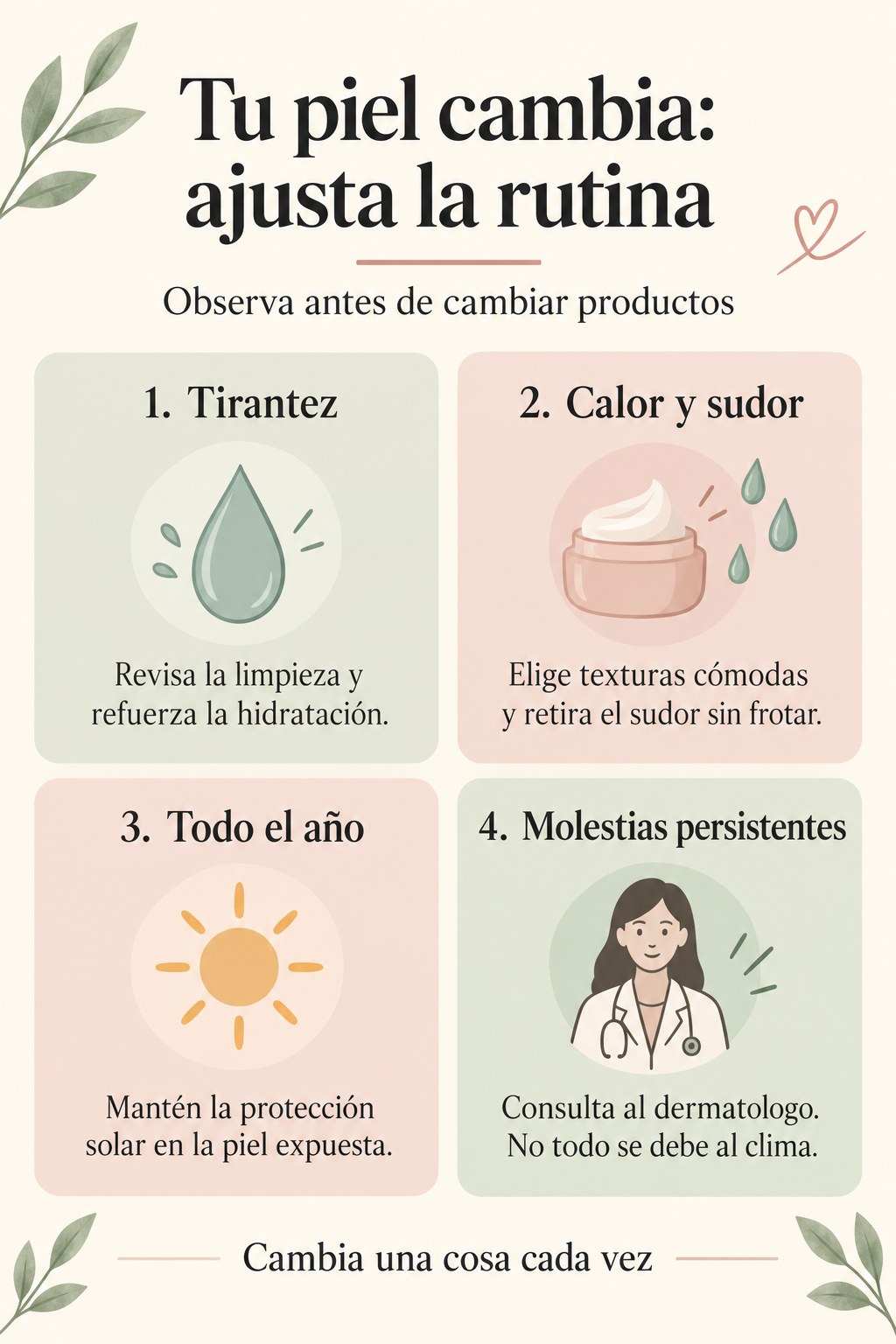 Gu&iacute;a visual: observar la piel, ajustar la hidrataci&oacute;n, mantener protecci&oacute;n solar y consultar si las molestias persisten