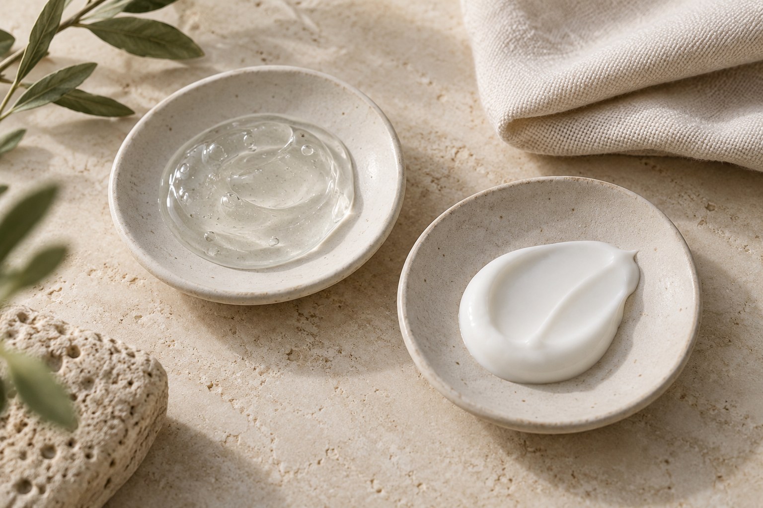 Texturas de gel y crema hidratante sobre una superficie de cer&aacute;mica