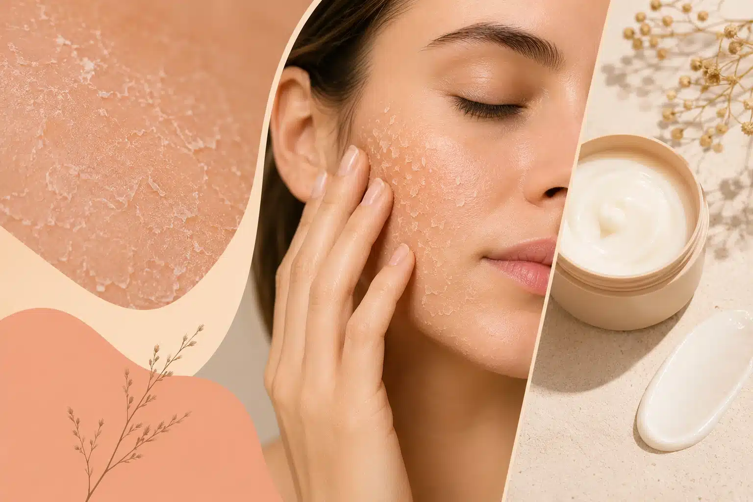Mujer con piel escamosa y crema hidratante para tratar la descamación facial