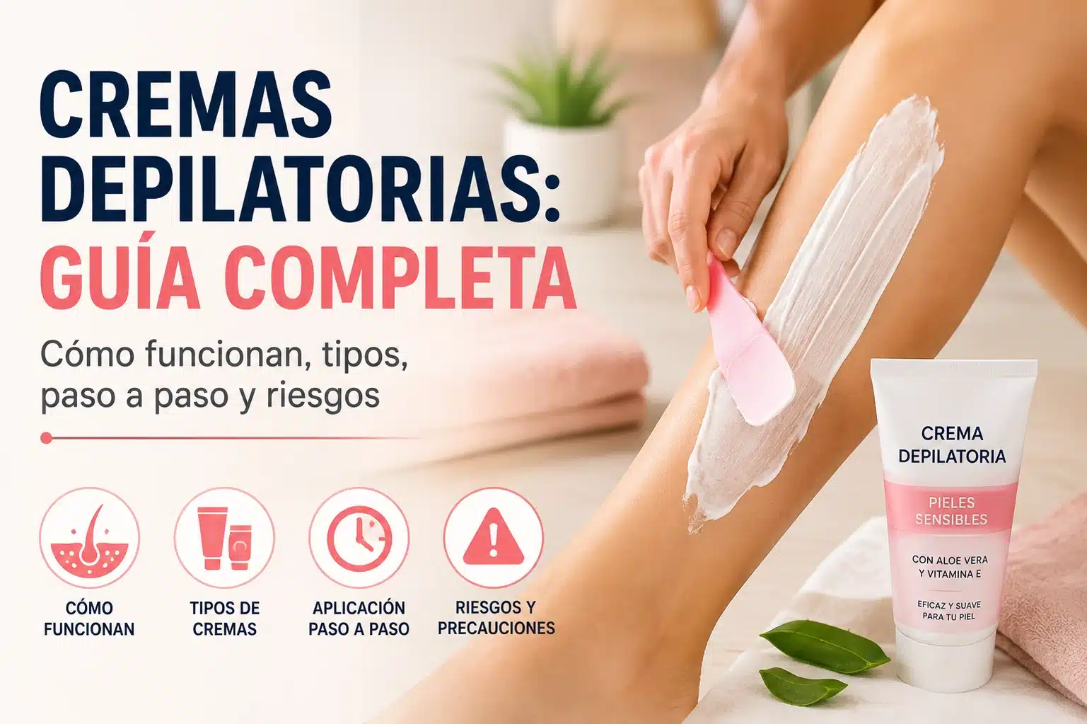 Aplicación de crema depilatoria sobre la pierna con una espátula