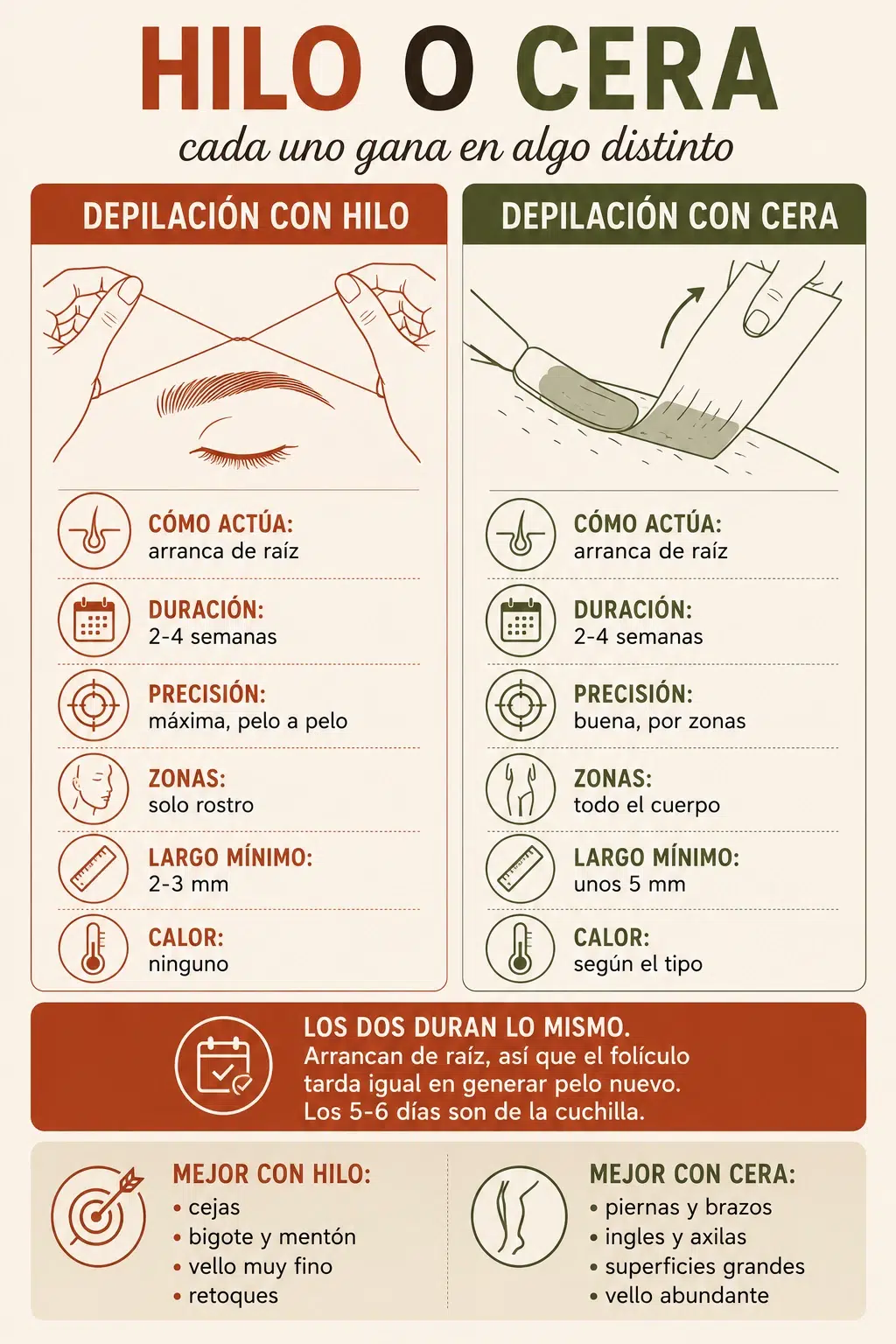 Comparativa entre depilaci&oacute;n con hilo y con cera: duraci&oacute;n, precisi&oacute;n, zonas y para qu&eacute; es mejor cada una