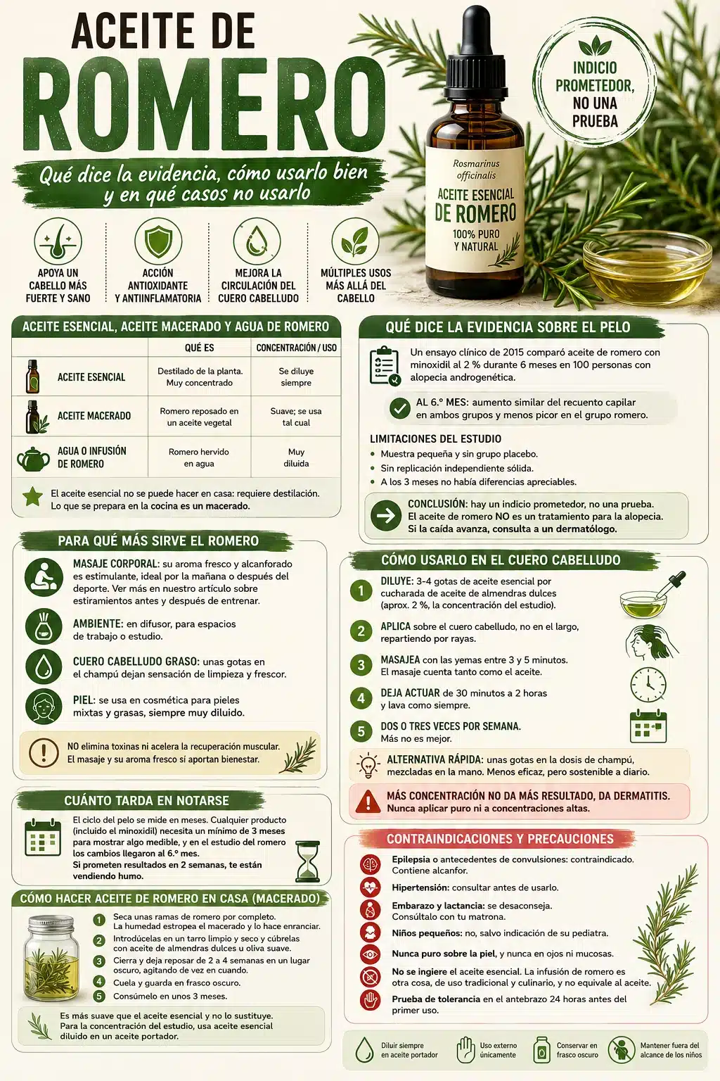 Infografía sobre el aceite de romero: qué dice la evidencia, cómo usarlo, macerado casero y contraindicaciones