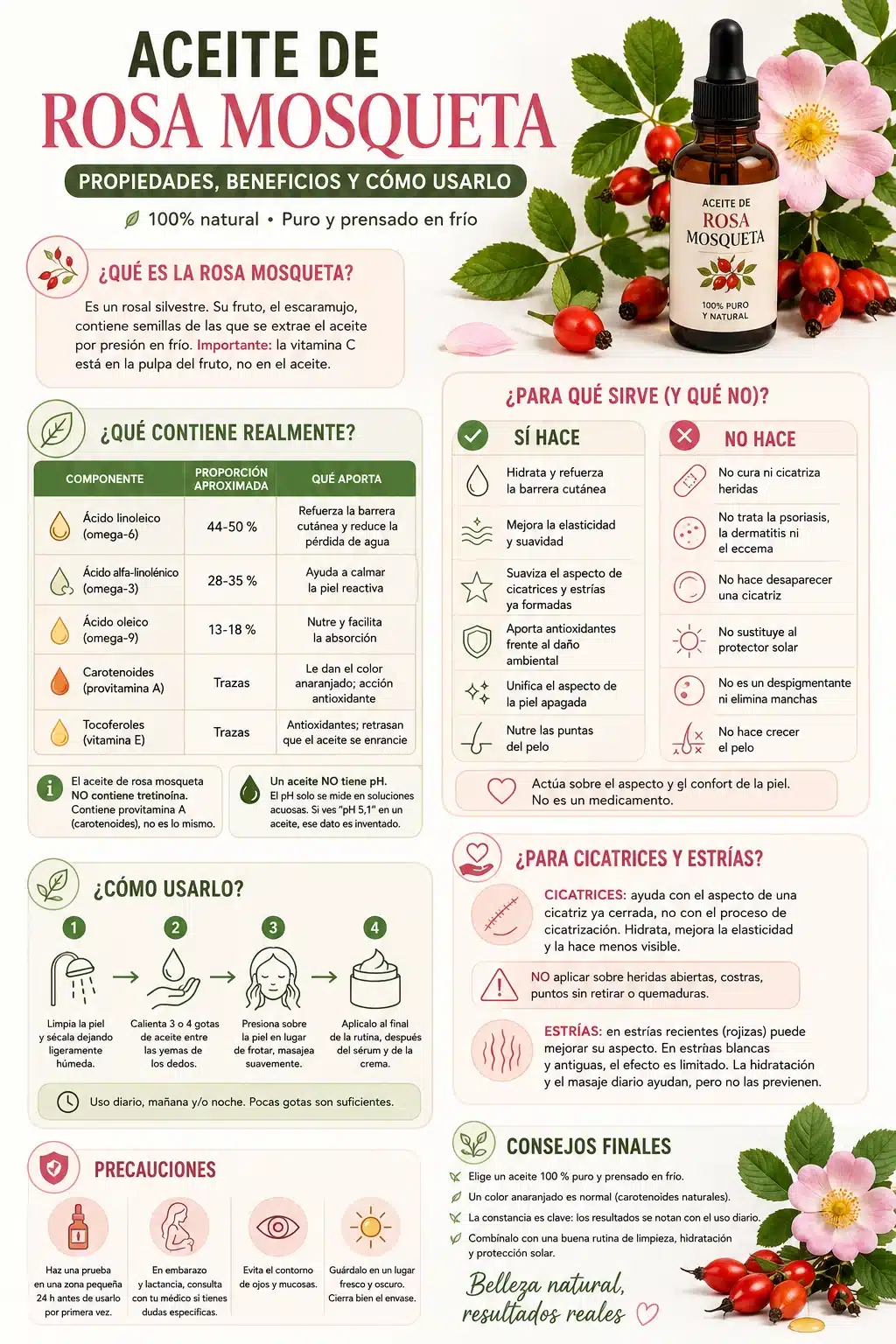 Infograf&iacute;a sobre el aceite de rosa mosqueta: composici&oacute;n, para qu&eacute; sirve, c&oacute;mo usarlo y precauciones