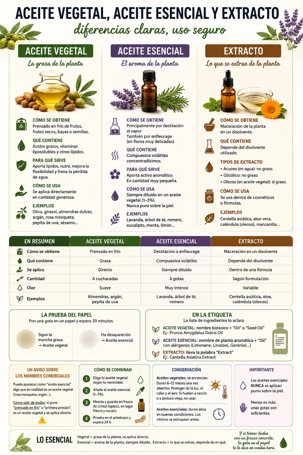Diferencias entre aceite vegetal, aceite esencial y extracto: c&oacute;mo se obtiene cada uno, qu&eacute; contiene, c&oacute;mo se aplica y c&oacute;mo reconocerlos en la etiqueta