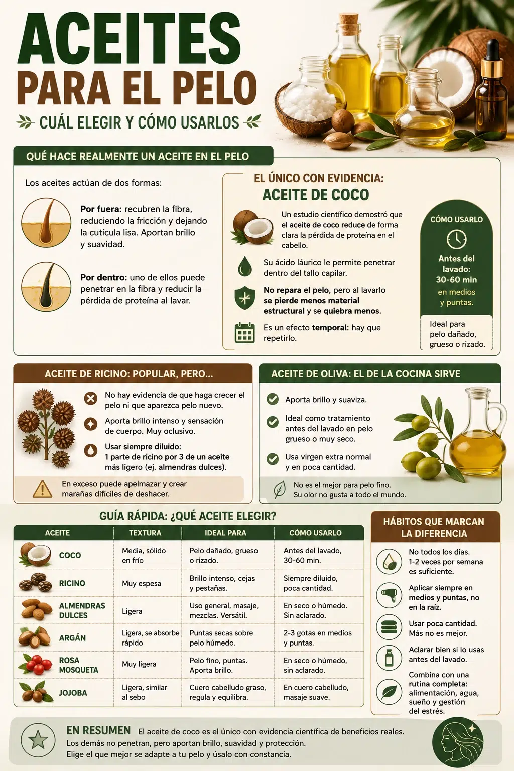 Qué aceite es bueno para el pelo: coco, ricino, almendras, argán, rosa mosqueta y oliva, con sus usos y cómo aplicarlos
