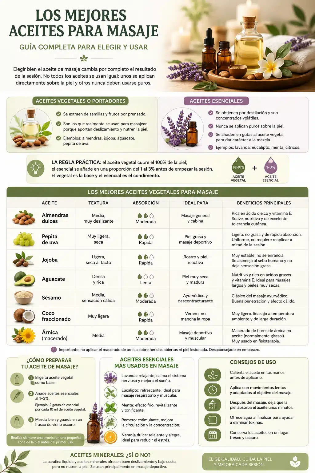 Infograf&iacute;a con los mejores aceites para masaje: vegetales, esenciales, texturas y c&oacute;mo prepararlos