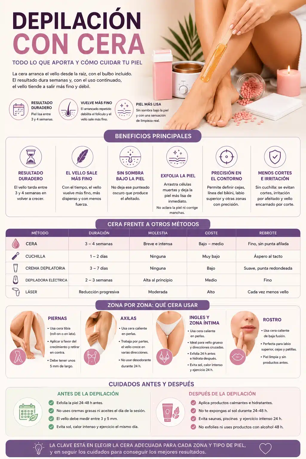Infograf&iacute;a con los beneficios de la depilaci&oacute;n con cera y comparativa con otros m&eacute;todos