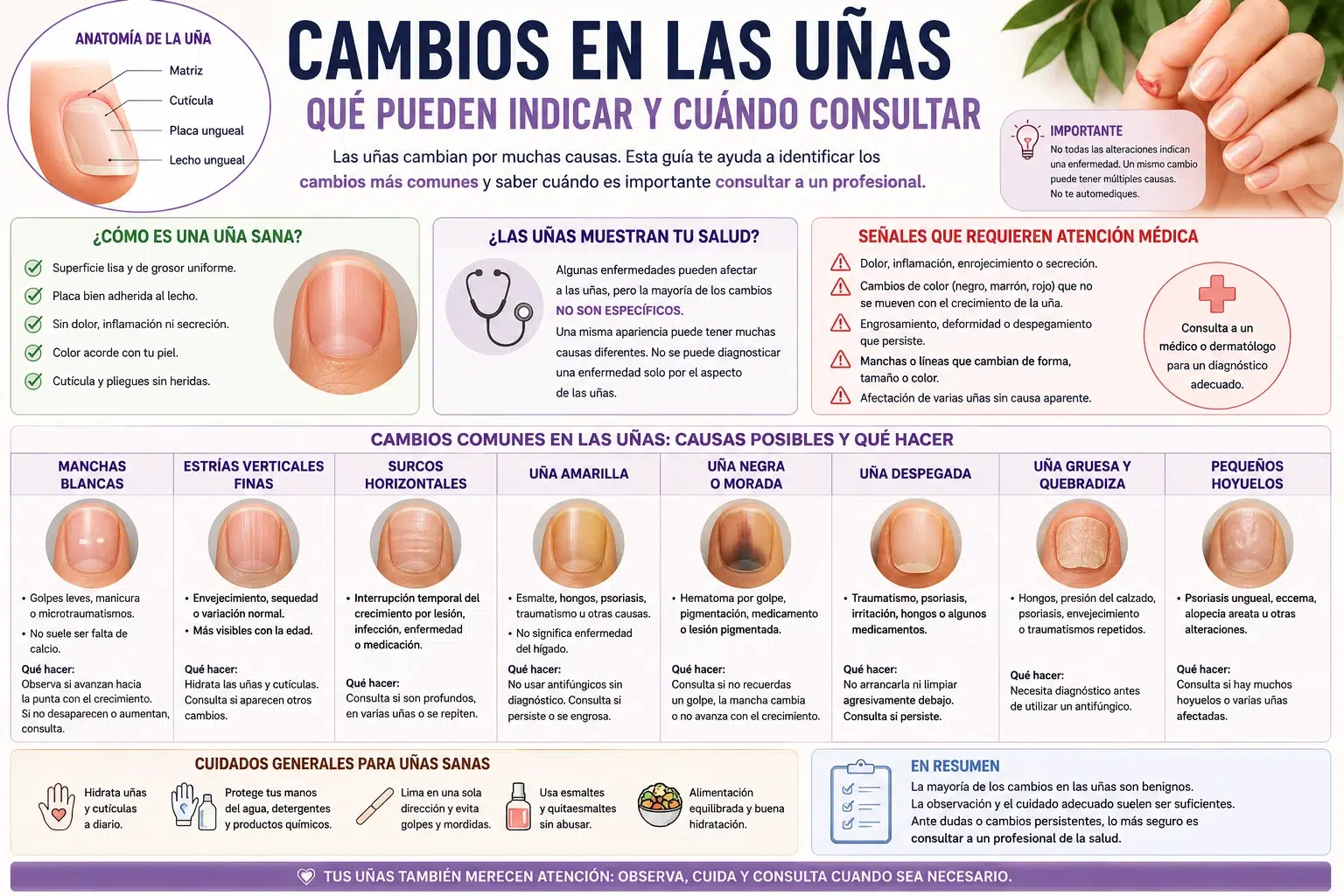 Infograf&iacute;a sobre manchas, estr&iacute;as y cambios de color en las u&ntilde;as