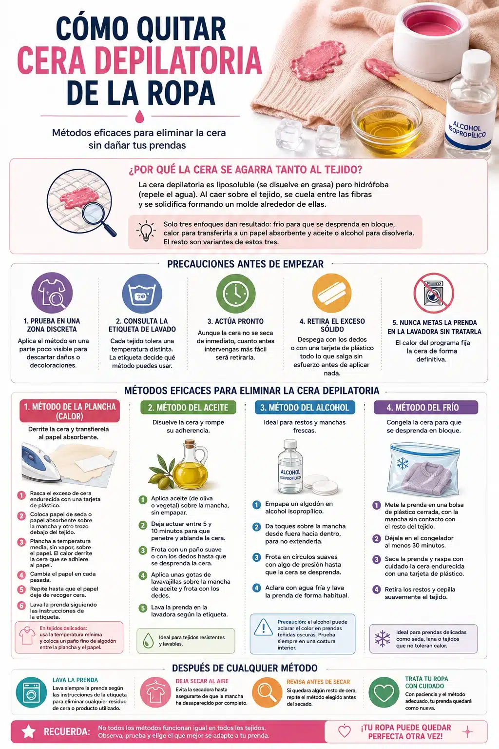 Infograf&iacute;a con los m&eacute;todos para quitar cera depilatoria de la ropa: plancha, aceite, fr&iacute;o y alcohol seg&uacute;n el tejido