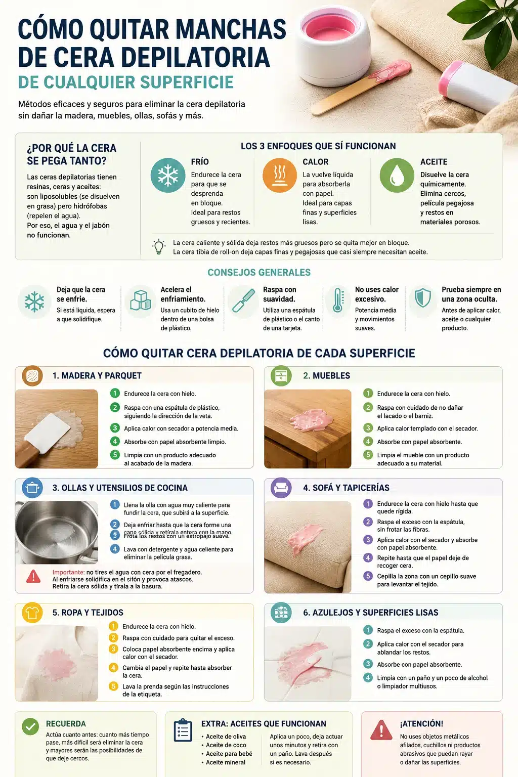Infograf&iacute;a con los m&eacute;todos para quitar manchas de cera depilatoria de madera, sof&aacute;, suelo, cristal y tapicer&iacute;a
