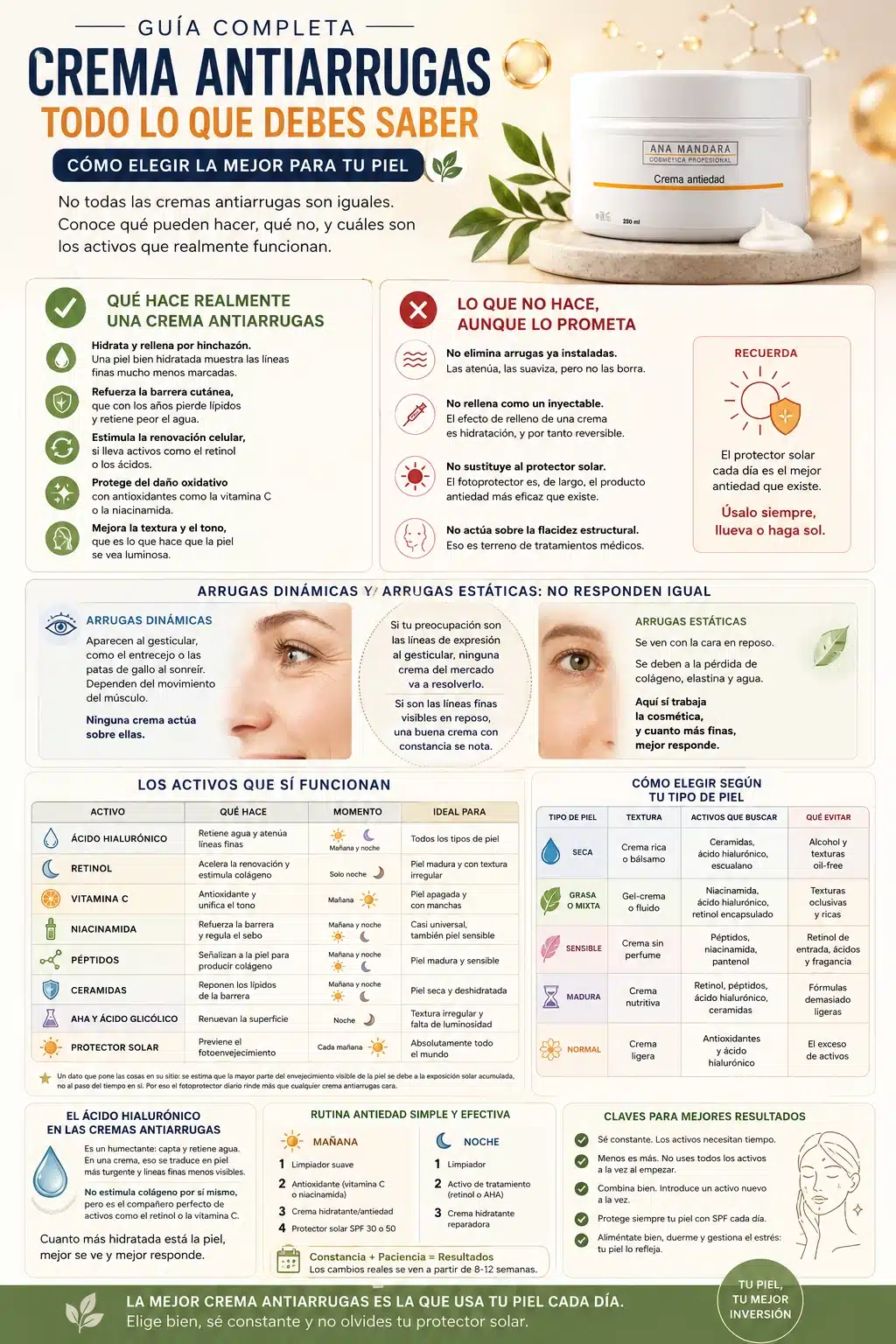 Infograf&iacute;a sobre la crema antiarrugas: activos que funcionan, tipos de arruga y c&oacute;mo elegir seg&uacute;n la piel
