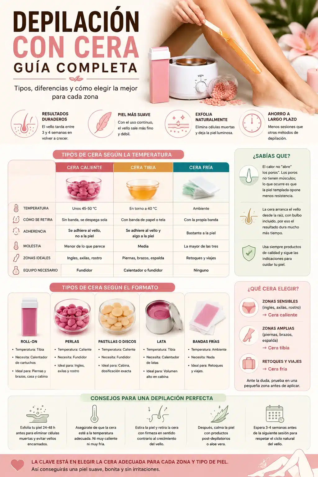 Infograf&iacute;a sobre depilaci&oacute;n con cera: tipos seg&uacute;n temperatura y formato, y cu&aacute;l elegir en cada zona