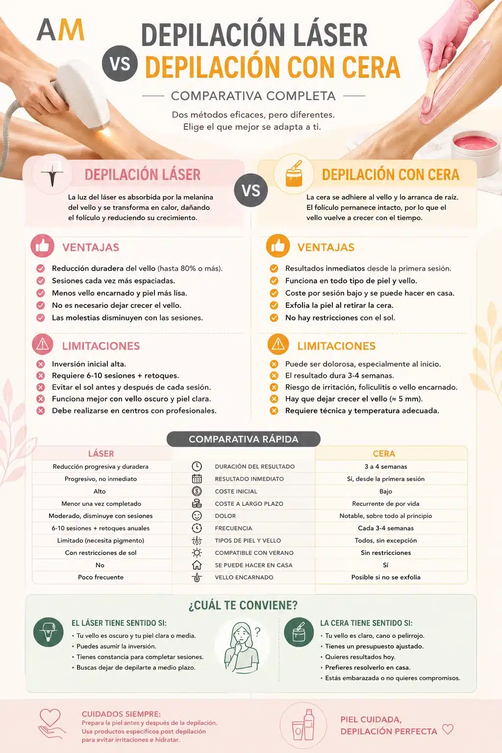 Infografía comparativa entre depilación láser y depilación con cera: duración, coste, dolor y tipos de piel