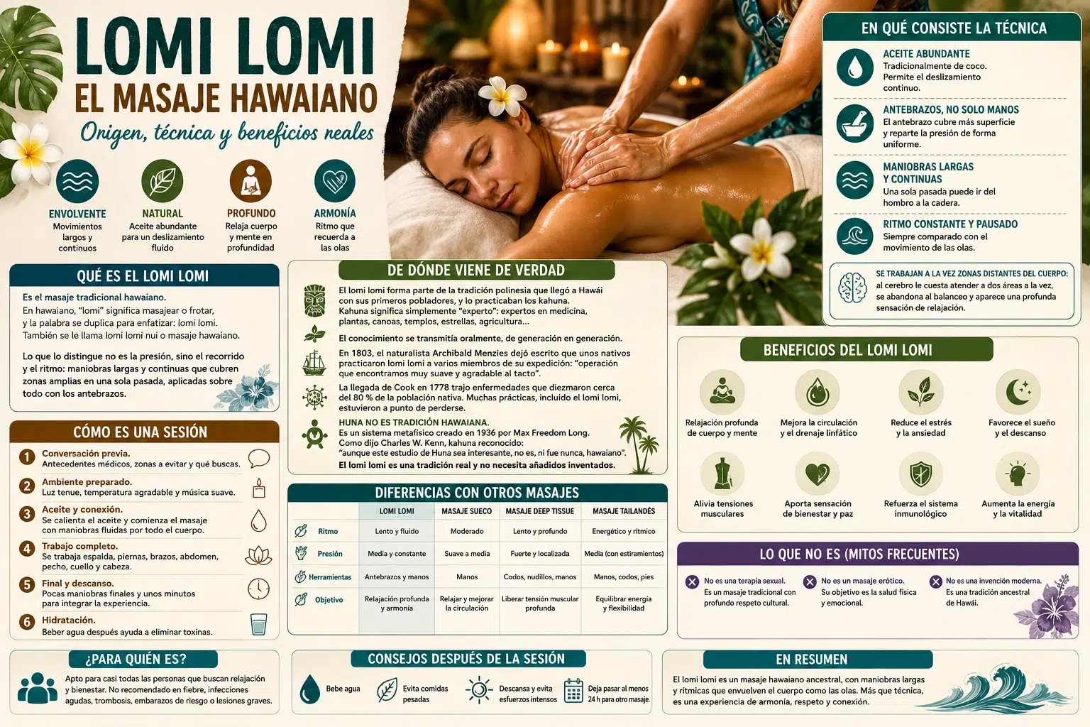 Masaje lomi lomi hawaiano: origen, t&eacute;cnica del antebrazo, c&oacute;mo es la sesi&oacute;n y contraindicaciones