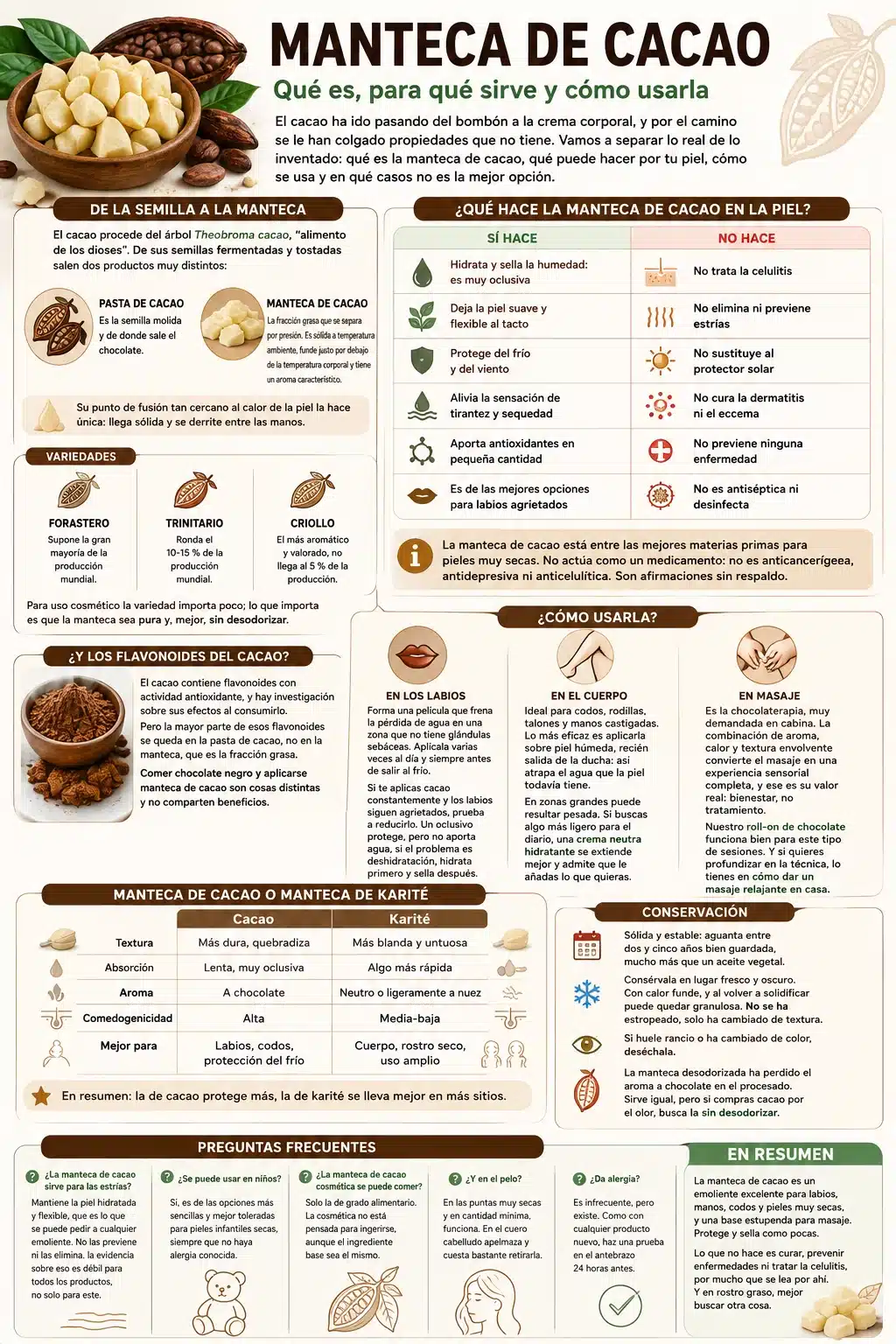 Infograf&iacute;a sobre la manteca de cacao: qu&eacute; es, qu&eacute; hace en la piel, c&oacute;mo usarla y comparativa con el karit&eacute;