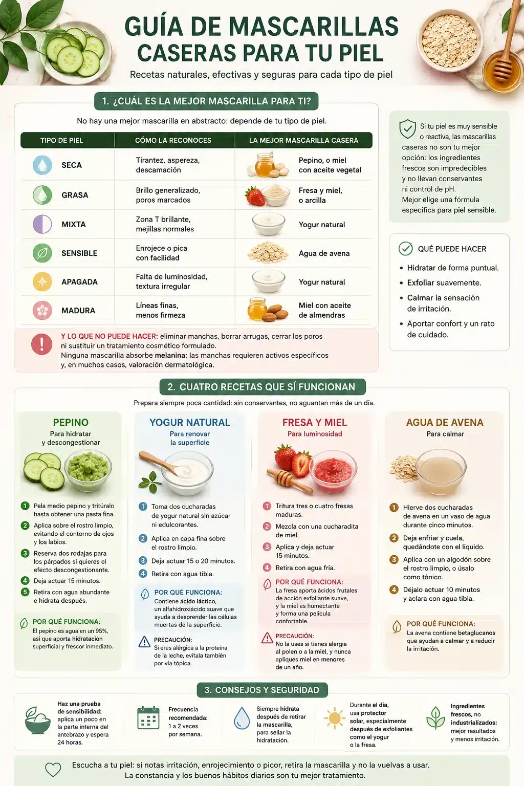 Infografía con las mejores mascarillas caseras según el tipo de piel y los ingredientes que no debes usar
