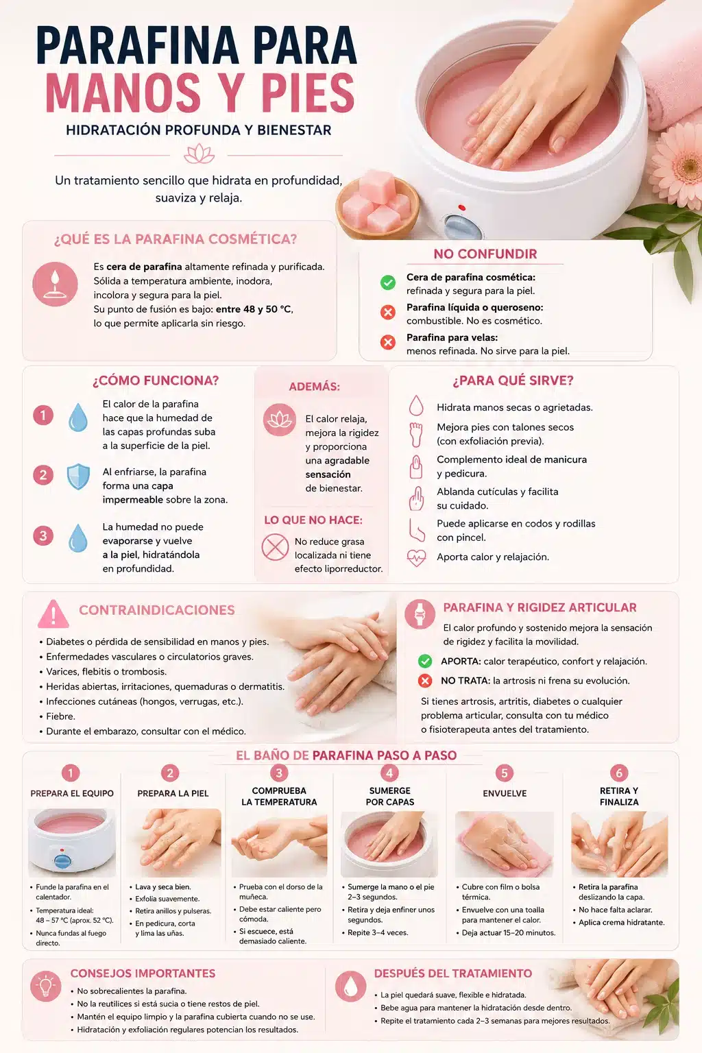 Infografía del baño de parafina: qué es, para qué sirve, paso a paso y contraindicaciones
