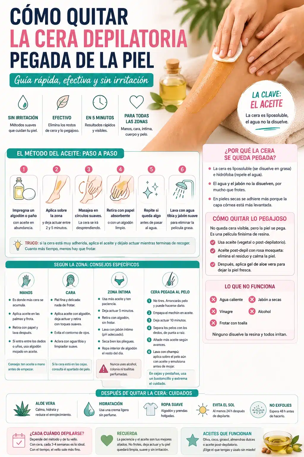 Infograf&iacute;a sobre c&oacute;mo quitar la cera depilatoria de la piel con el m&eacute;todo del aceite, paso a paso y por zonas