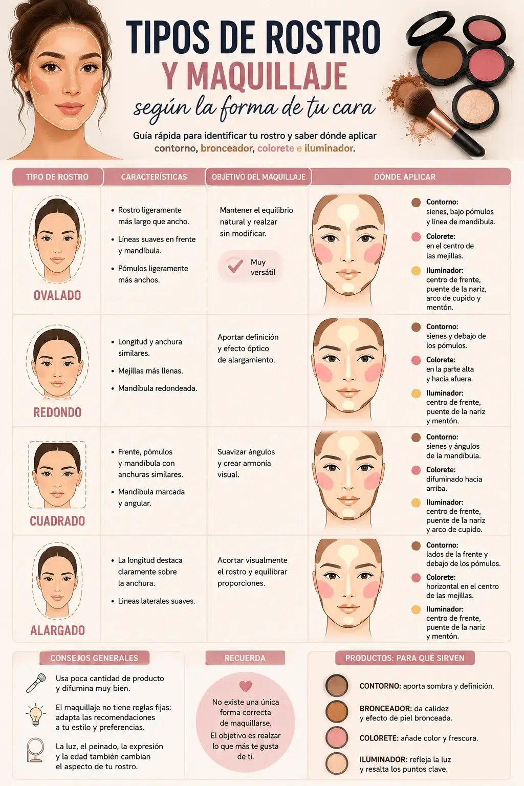Infograf&iacute;a de tipos de rostro y c&oacute;mo aplicar contorno, colorete e iluminador