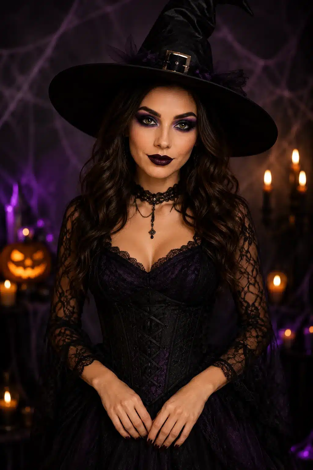 Maquillaje de Halloween de brujita: ahumado morado, cejas marcadas y labio oscuro