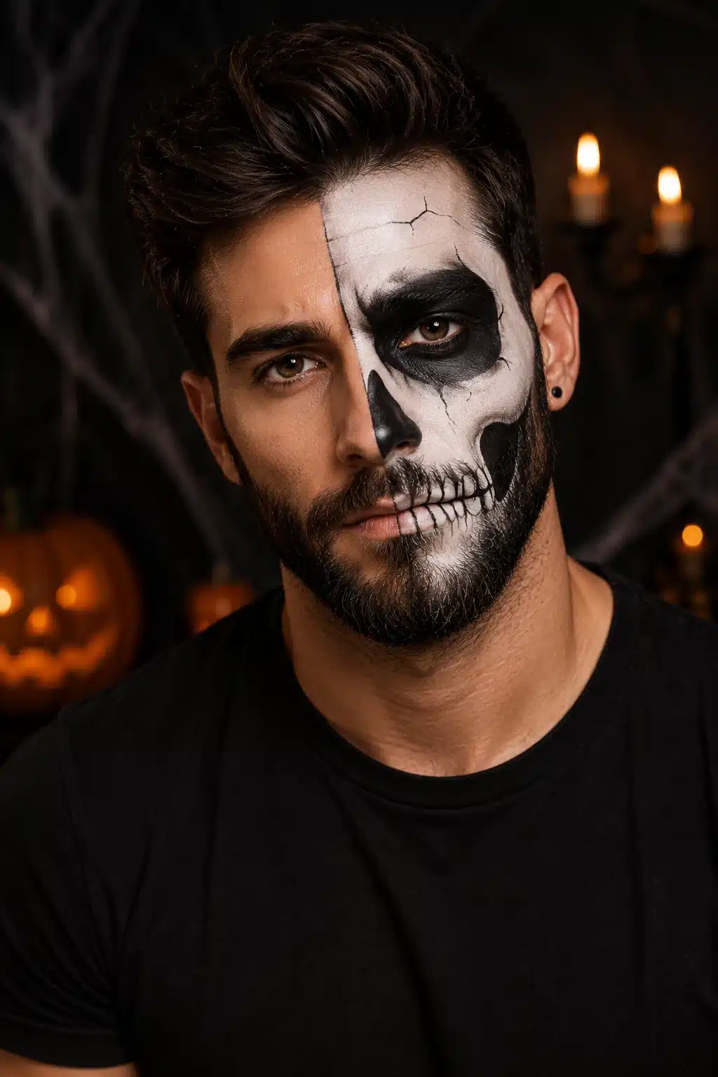 Maquillaje de Halloween de media calavera para hombre, compatible con barba