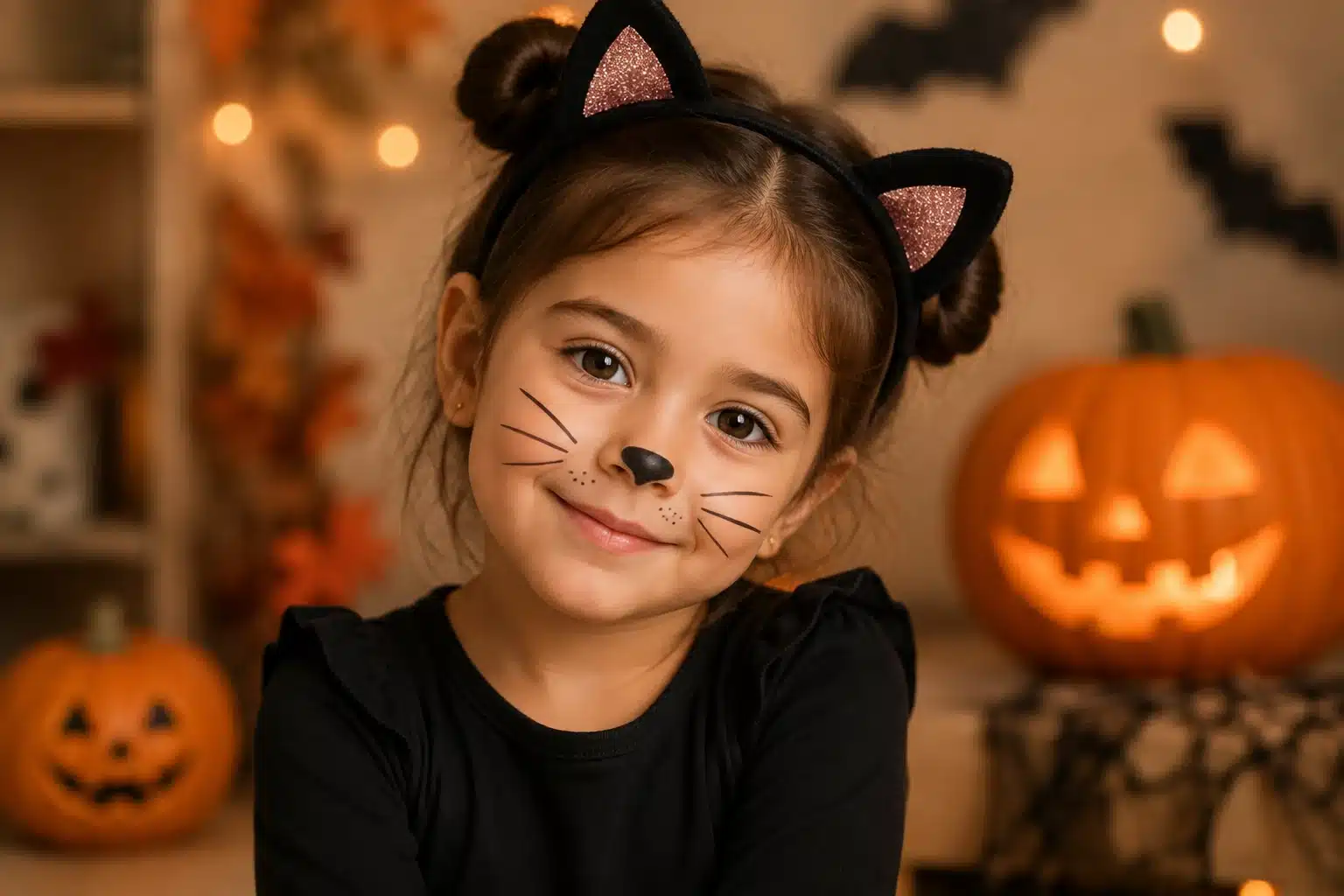 Maquillaje de Halloween de gatito para ni&ntilde;a, con pocos productos y tonos suaves