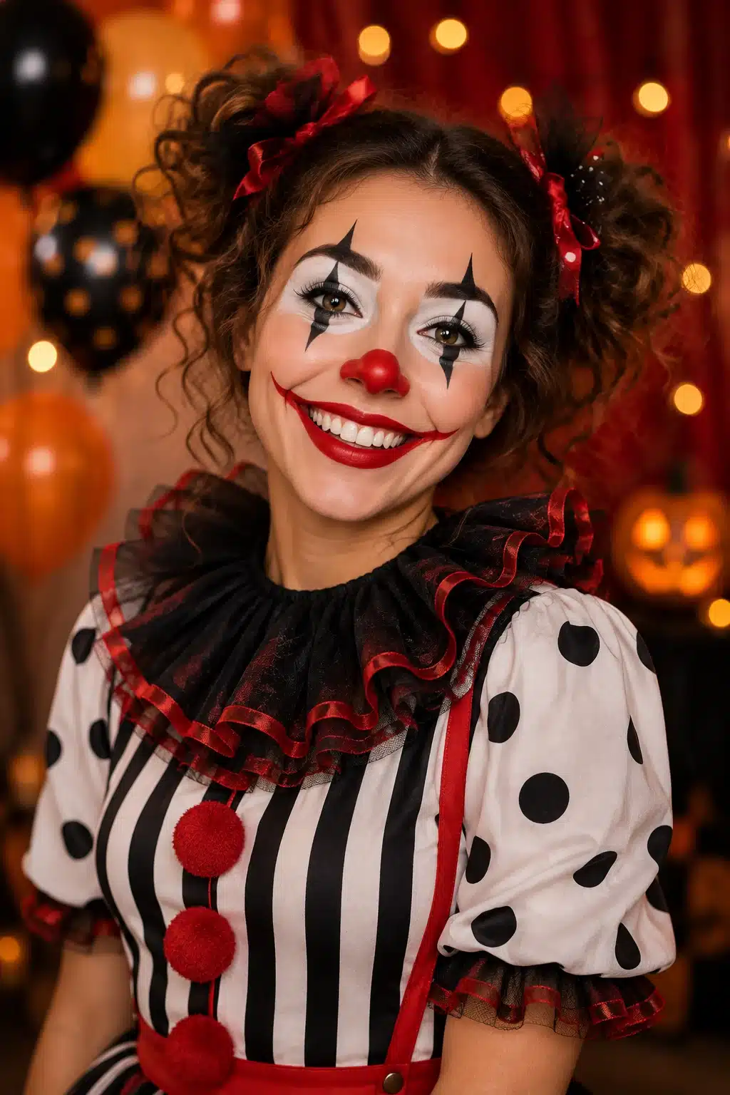Maquillaje de Halloween de payasa con rombos en los ojos, nariz roja y boca ampliada