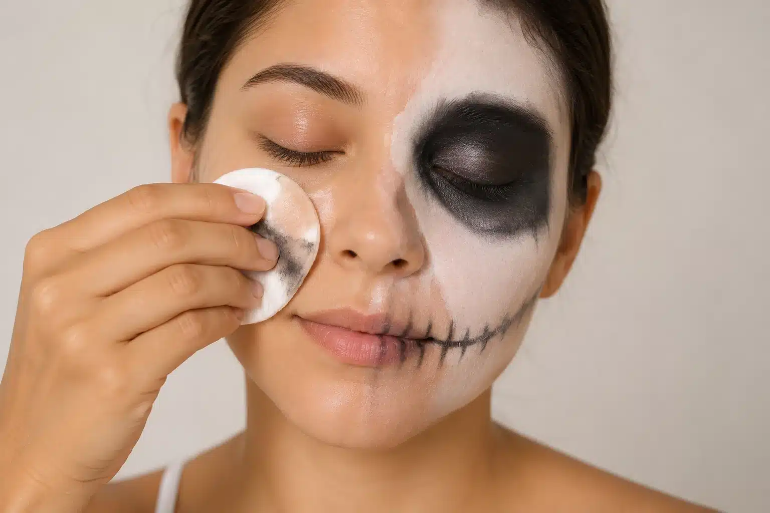 Retirar el maquillaje de Halloween con aceite y disco de algod&oacute;n