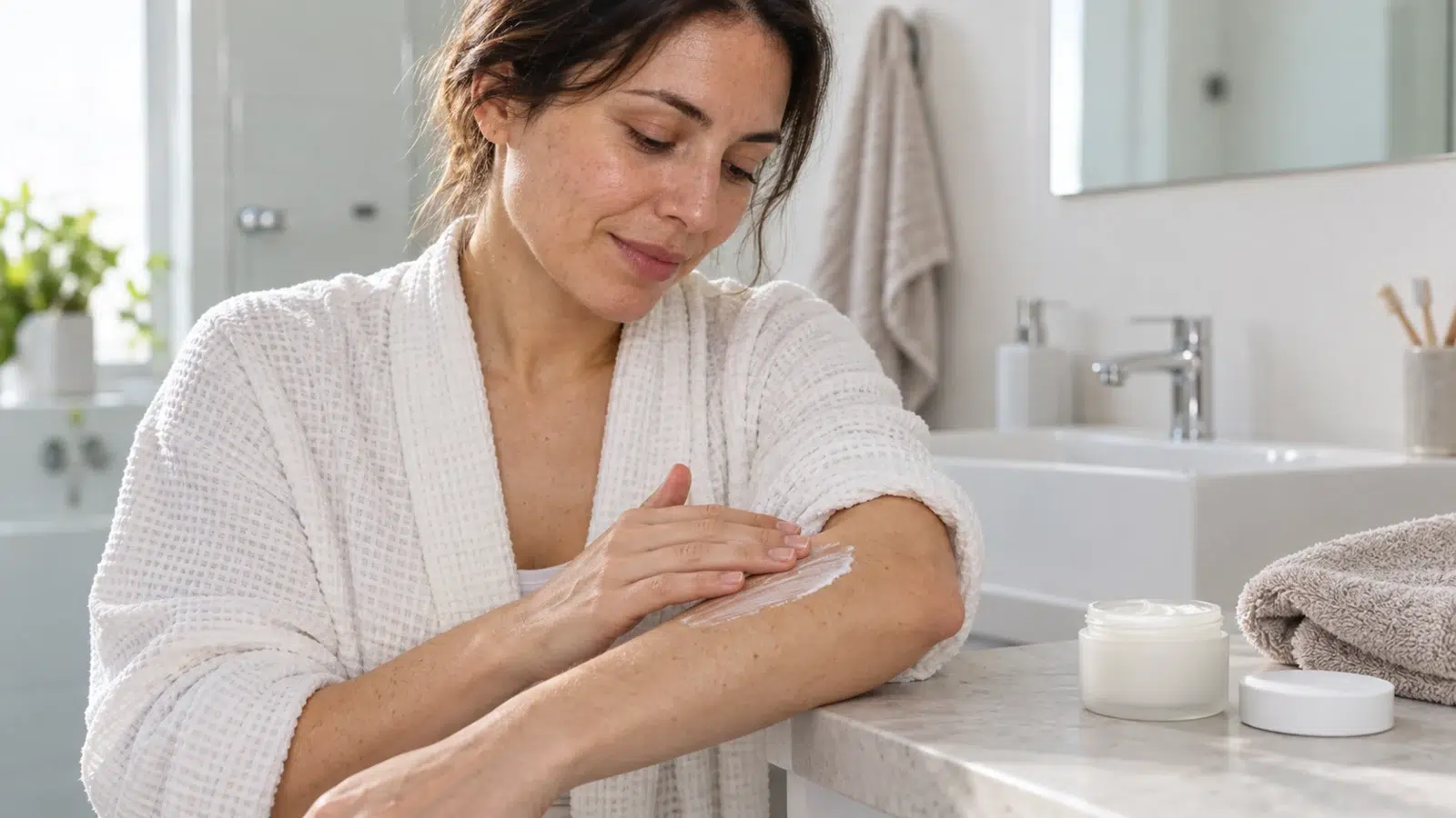 Mujer aplicando hidratante suavemente en el antebrazo