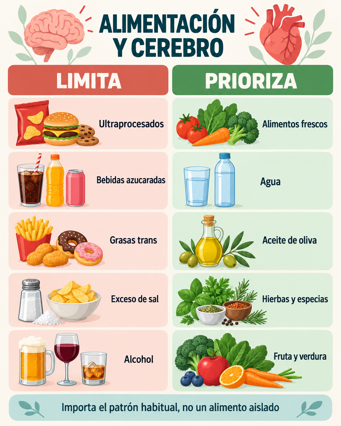 Infograf&iacute;a sobre alimentos que conviene limitar y priorizar para cuidar el cerebro