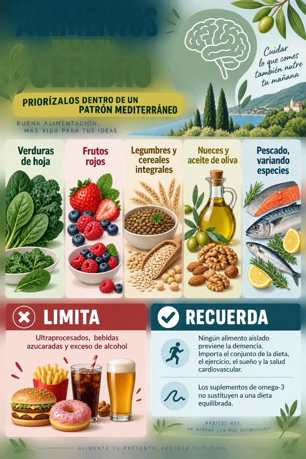 Infografía de alimentos para el cerebro dentro de un patrón mediterráneo
