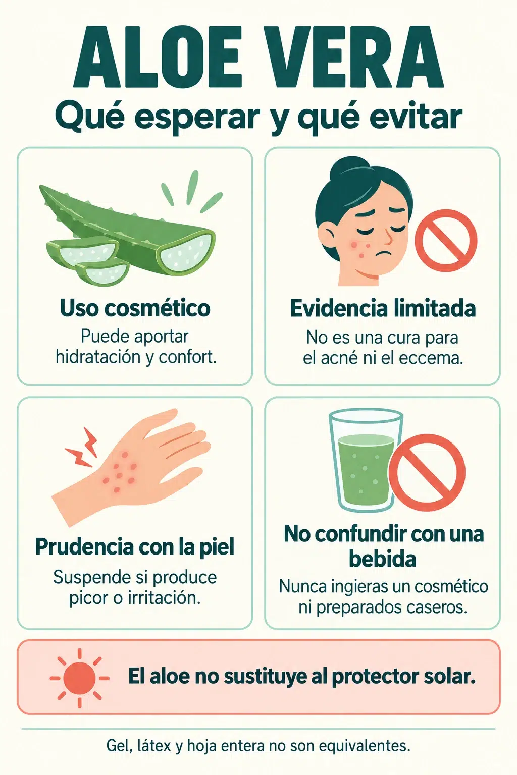 Beneficios cosm&eacute;ticos y precauciones del aloe vera, diferenciando uso en la piel e ingesti&oacute;n