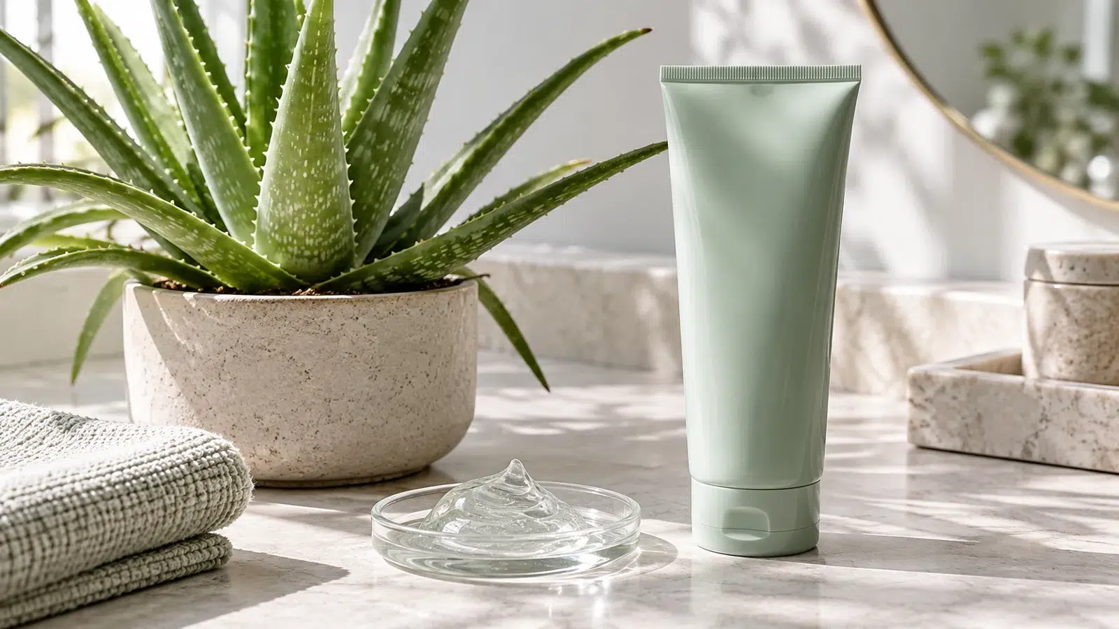 Planta de aloe vera junto a un envase cosmético y una muestra de gel