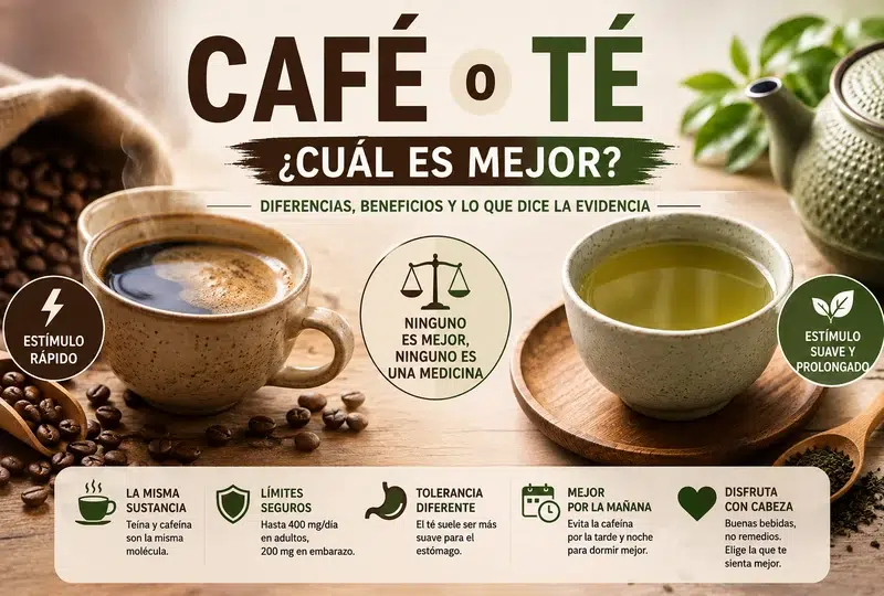Taza de café y taza de té verde comparadas para mostrar sus diferencias en cafeína, efecto estimulante y consumo diario.