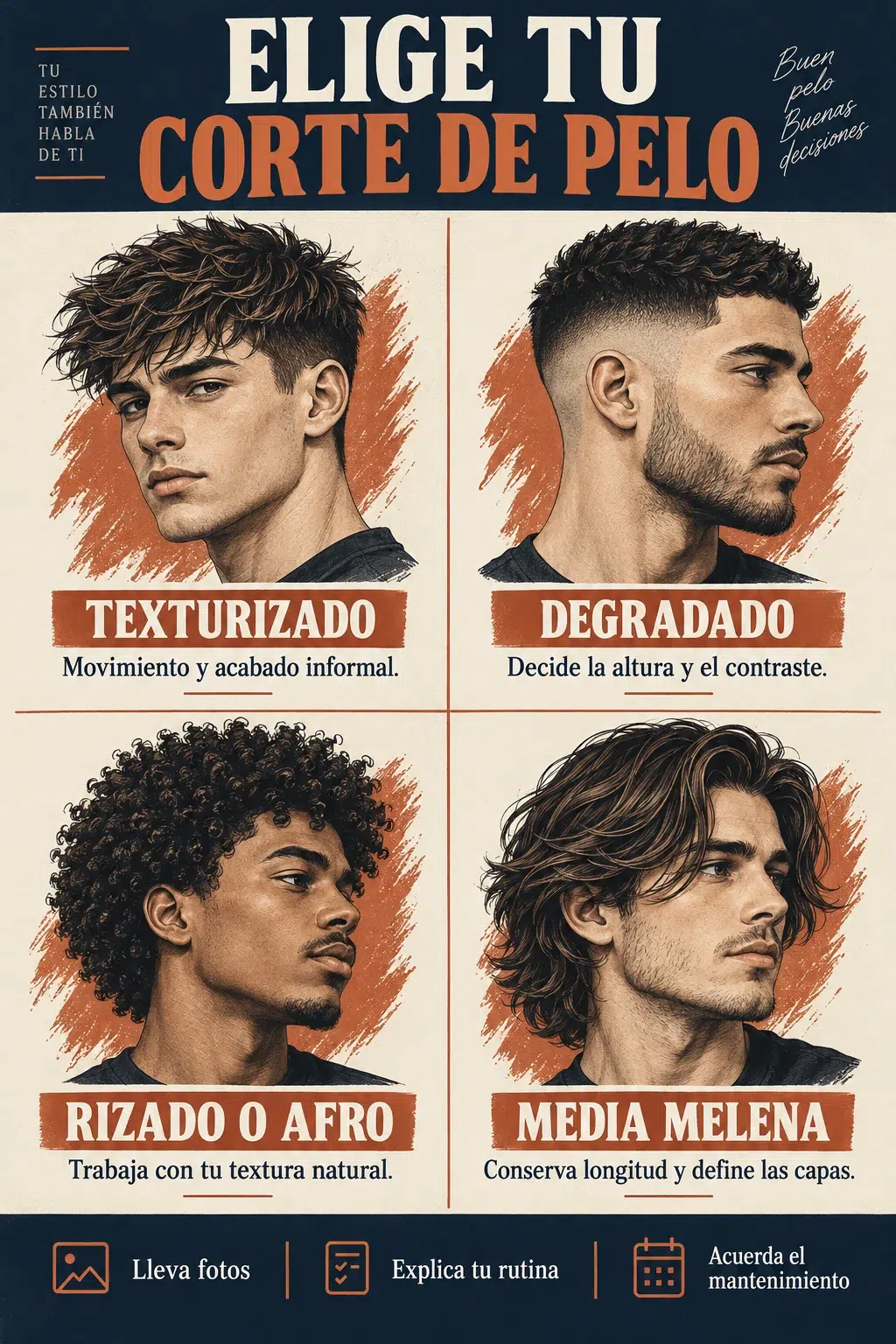 Guía visual de cortes texturizados, degradados, rizados y de media melena