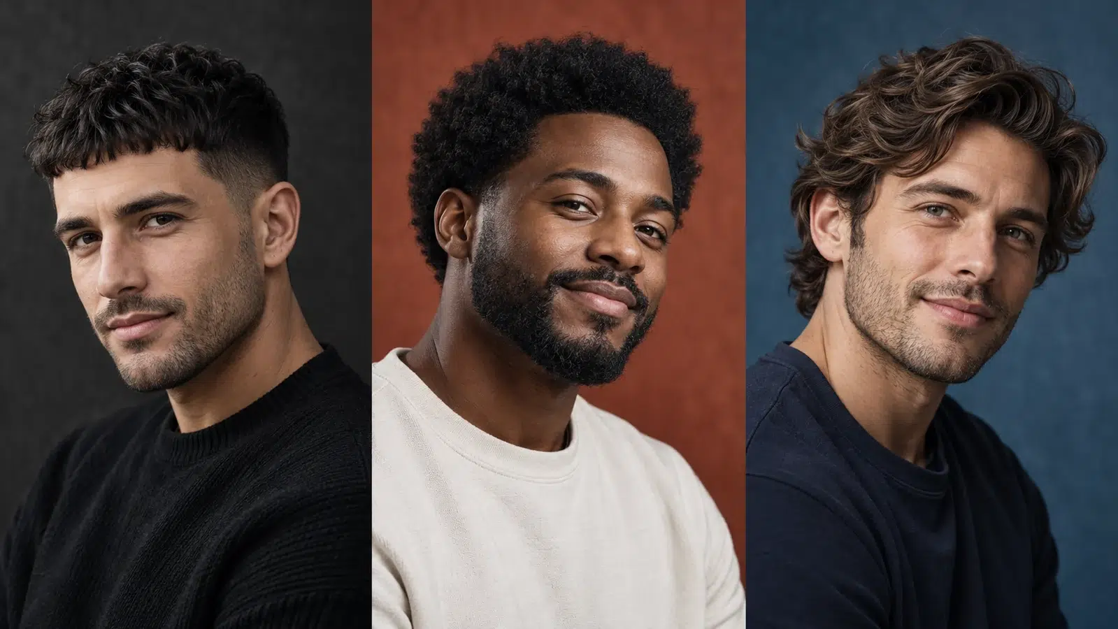 Tres estilos de cabello masculino: corte texturizado, afro corto y cabello ondulado a capas