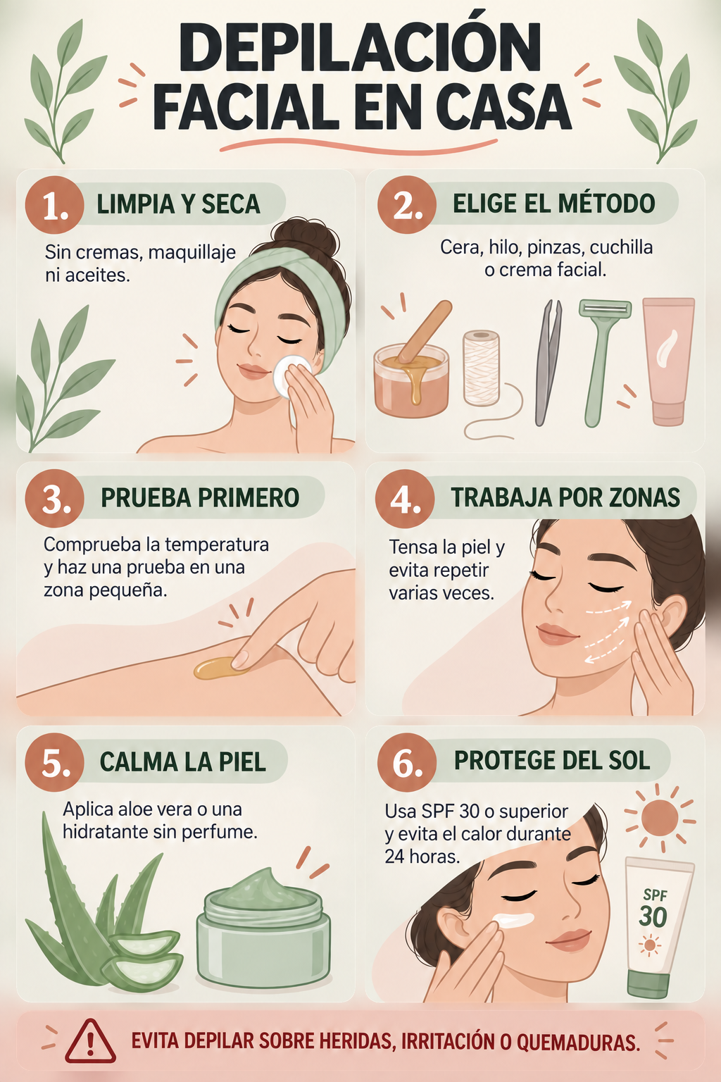 Infograf&iacute;a con seis pasos para una depilaci&oacute;n facial segura en casa