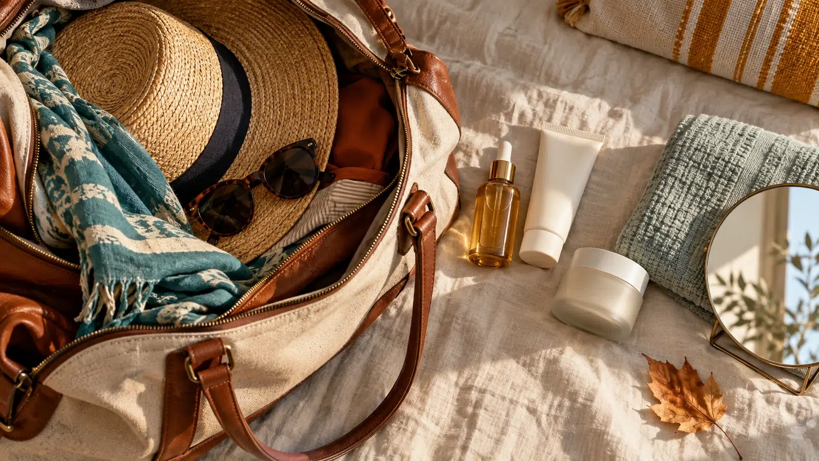Bolsa de viaje con sombrero y productos de cuidado personal al volver de vacaciones