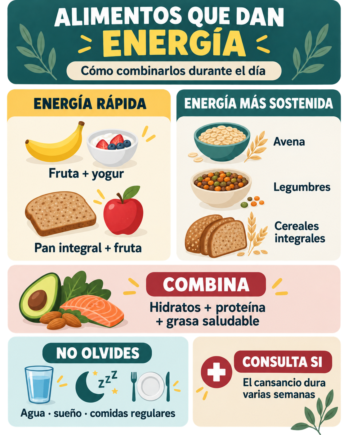 Gu&iacute;a de alimentos que dan energ&iacute;a y c&oacute;mo combinarlos durante el d&iacute;a