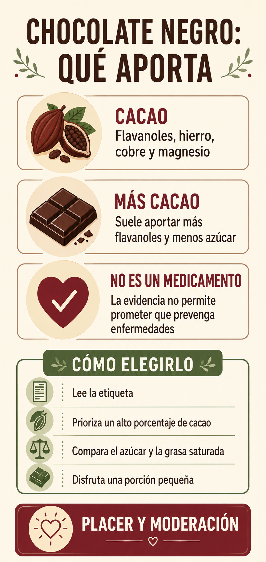 Infograf&iacute;a sobre las propiedades del chocolate negro, sus nutrientes y c&oacute;mo elegirlo