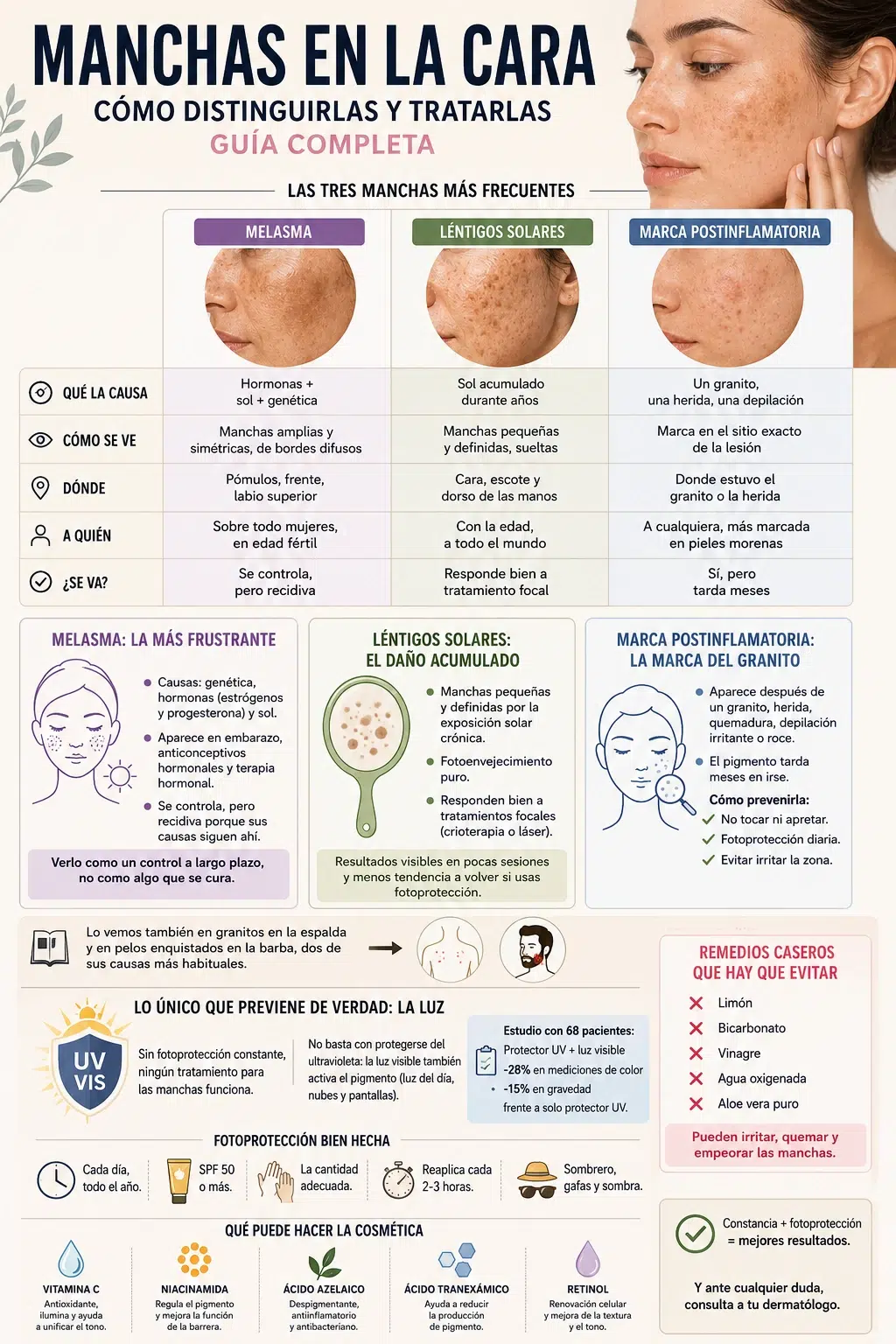Diferencias entre melasma, l&eacute;ntigos solares e hiperpigmentaci&oacute;n postinflamatoria: causas, aspecto, localizaci&oacute;n y si se van